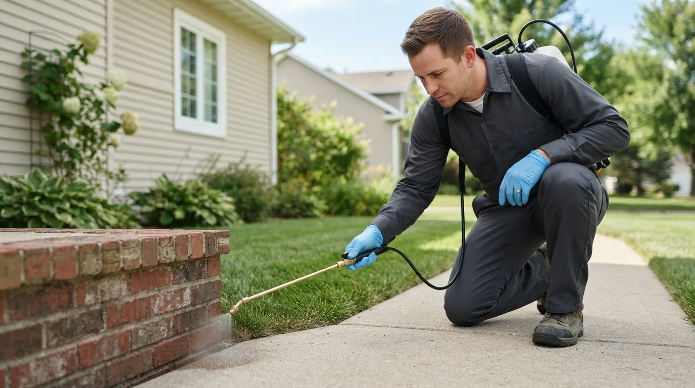Pest control technician treating a home near Defiance, PA